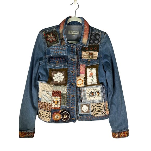 Calvin Klein Altered Hand Embroidered Upcycled Patched Denim Jacket - Picture 12 of 16